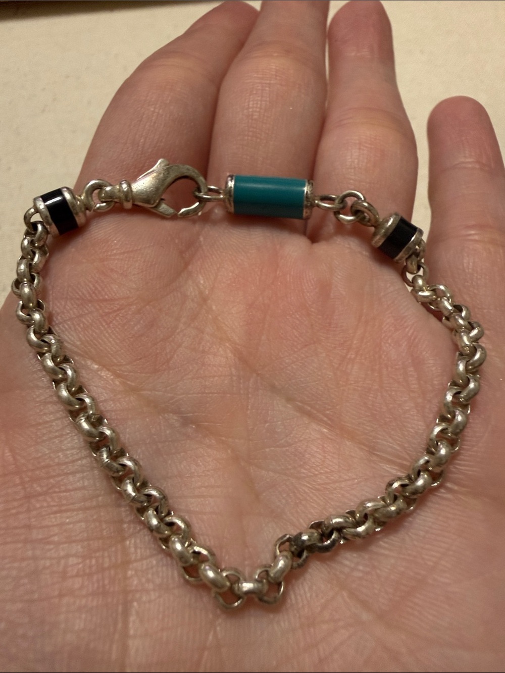 Sterling Silver 925 Chain Bracelet with Teal Accent 7’